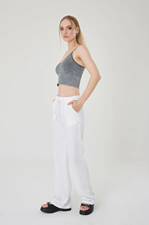 Kadın Beyaz Keten Karışımlı Bol Kesim Pantolon