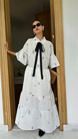Kadın Beyaz Kolları Fırfırlı Çiçek Nakış İslemeli Kat Kat Vintage Elbise