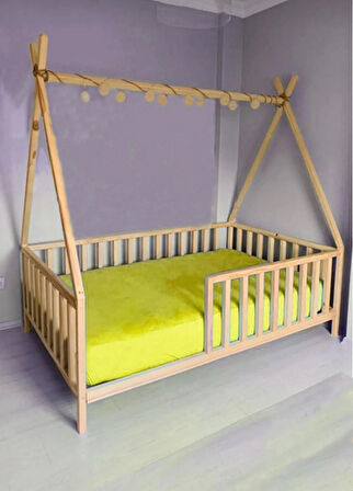 HFT HOME Çatılı Unisex Montessori Bebek Ve Çocuk Karyolası Doğal Ahşap Yatak