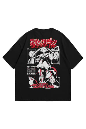 Unisex Siyah Oversize T-Shirt - Frieren Beyond Journey Anime Baskılı Penye Bisiklet Yaka Tişört
