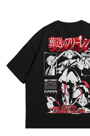 Unisex Siyah Oversize T-Shirt - Frieren Beyond Journey Anime Baskılı Penye Bisiklet Yaka Tişört
