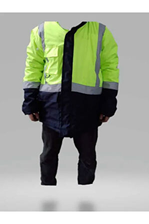 Reflektörlü Su Geçirmez Oxford Parka Kışlık Mont Sarı-Lacivert İş Montu Mühendis Montu