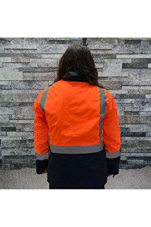 Reflektörlü Su Geçirmez Oxford Parka Kışlık Mont Turuncu-Lacivert İş Montu Mühendis Montu