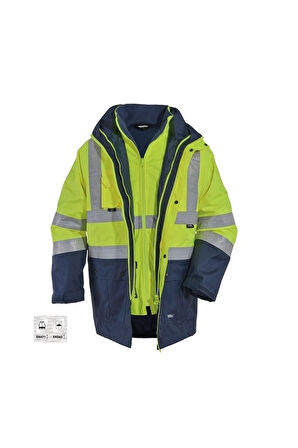 5+1 Reflektörlü Kışlık Mont Parka İçi Çıkmalı Sarı Yerli Kaban İşçi Montu Mühendis Montu
