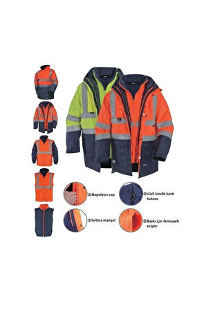 5+1 Reflektörlü Kışlık Mont Parka İçi Çıkmalı Turuncu Yerli Kaban İşçi Montu Mühendis Montu