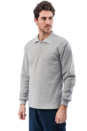 Polo Yaka Gri Uzun Kollu Sweatshirt Pike Örme Iş Tişörtü
