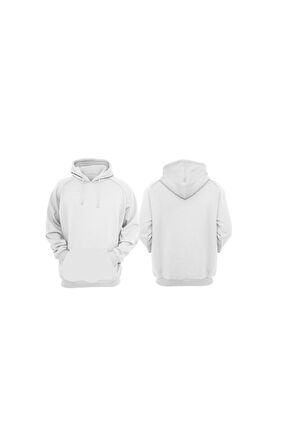 Kapşonlu 3 İplik Şardonlu Cepli Beyaz Hoodie Sweatshirt
