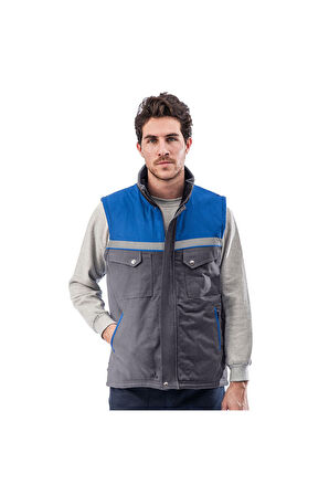 Robalı Gri Saks Mavi Reflektörlü İçi Kapitoneli Kışlık İş Yelek