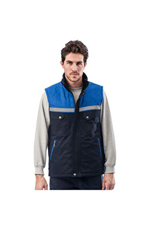 Robalı Siyah Saks Mavi Reflektörlü İçi Kapitoneli Kışlık İş Yelek