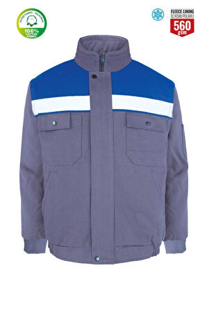 Robalı Gri Saks Mavi Reflektörlü İçi Kapitoneli Kışlık İş Montu