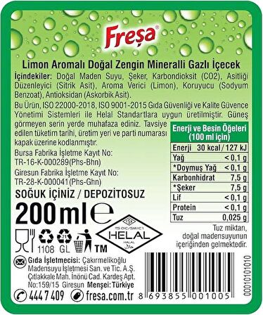 Freşa Limon Aromalı Maden Suyu 200 Ml X 24 Adet