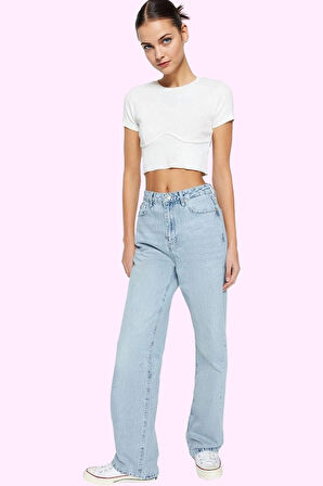 Kadın Pamuk Denim Pantolon Yüksek Bel Wide Leg Model Tüm Sezon Günlük Kullanım Özel Günler