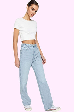 Kadın Pamuk Denim Pantolon Yüksek Bel Wide Leg Model Tüm Sezon Günlük Kullanım Özel Günler