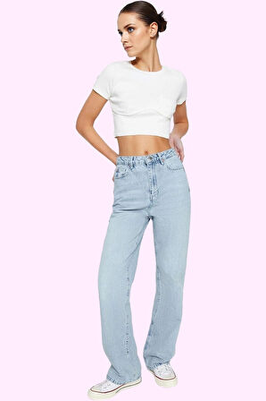 Kadın Pamuk Denim Pantolon Yüksek Bel Wide Leg Model Tüm Sezon Günlük Kullanım Özel Günler