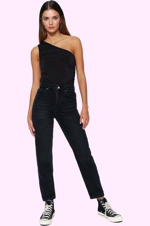 Kadın Denim Mom Jean Pantolon Yüksek Bel Geniş Paça Pamuk Günlük Kullanım Kaliteli Malzeme