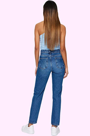 Kadın Denim Mom Jean Pantolon Yüksek Bel Geniş Paça Pamuk Günlük Kullanım Kaliteli Malzeme