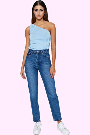 Kadın Denim Mom Jean Pantolon Yüksek Bel Geniş Paça Pamuk Günlük Kullanım Kaliteli Malzeme