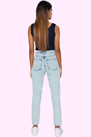 Kadın Denim Mom Jean Pantolon Yüksek Bel Geniş Paça Pamuk Günlük Kullanım Kaliteli Malzeme