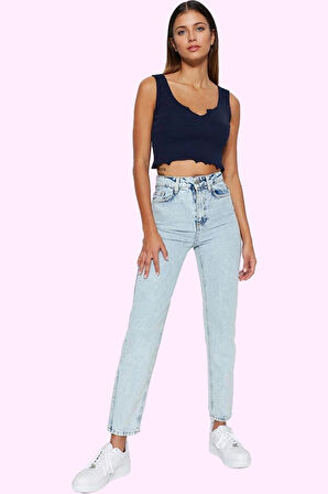 Kadın Denim Mom Jean Pantolon Yüksek Bel Geniş Paça Pamuk Günlük Kullanım Kaliteli Malzeme