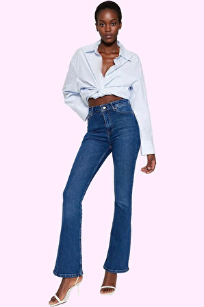 Kadın Denim Flare Jean Yüksek Bel İspanyol Paça Günlük Hafta Sonu Yaz Aylarının Vazgeçilmezi