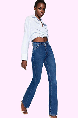 Kadın Denim Flare Jean Yüksek Bel İspanyol Paça Günlük Hafta Sonu Yaz Aylarının Vazgeçilmezi