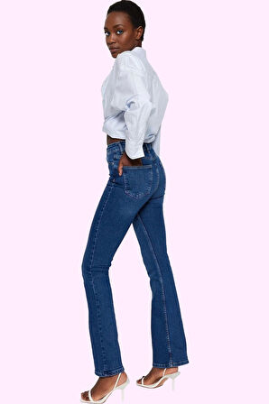 Kadın Denim Flare Jean Yüksek Bel İspanyol Paça Günlük Hafta Sonu Yaz Aylarının Vazgeçilmezi