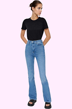 Kadın Denim Flare Jean Yüksek Bel İspanyol Paça Günlük Hafta Sonu Yaz Aylarının Vazgeçilmezi