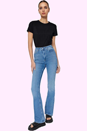 Kadın Denim Flare Jean Yüksek Bel İspanyol Paça Günlük Hafta Sonu Yaz Aylarının Vazgeçilmezi