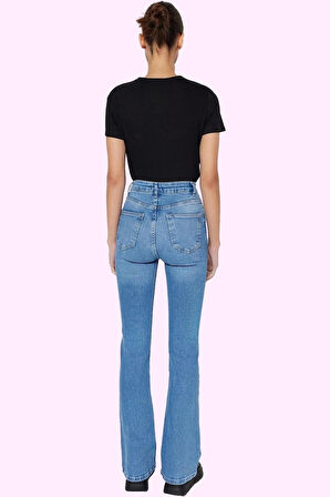 Kadın Denim Flare Jean Yüksek Bel İspanyol Paça Günlük Hafta Sonu Yaz Aylarının Vazgeçilmezi