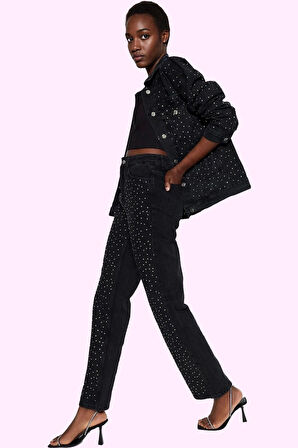 Kadın Pamuk Regular Wide Leg Jean Taş Detaylı Modern Tasarım Günlük Kullanım Kaliteli Malzeme