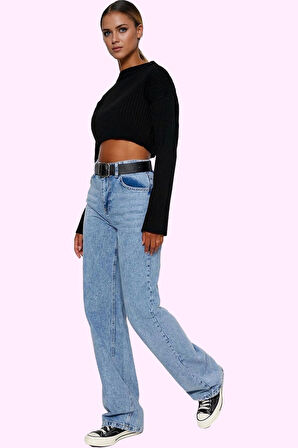 Kadın Denim Yüksek Bel Wide Leg Pantolon Pamuk Tüm Sezonlar İçin Rahatlık Günlük Kombinler