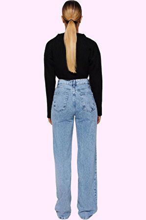 Kadın Denim Yüksek Bel Wide Leg Pantolon Pamuk Tüm Sezonlar İçin Rahatlık Günlük Kombinler