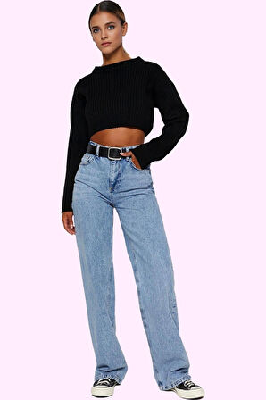 Kadın Denim Yüksek Bel Wide Leg Pantolon Pamuk Tüm Sezonlar İçin Rahatlık Günlük Kombinler