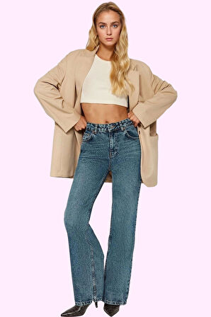 Kadın Pamuk Denim Pantolon Yüksek Bel Geniş Paça Günlük Kullanım İçin Mükemmel Özel Günler