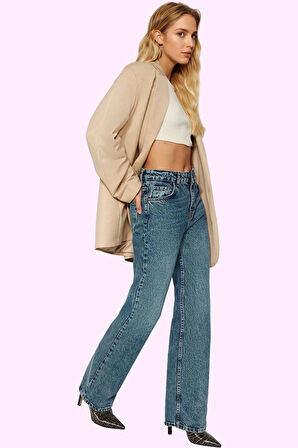 Kadın Pamuk Denim Pantolon Yüksek Bel Geniş Paça Günlük Kullanım İçin Mükemmel Özel Günler