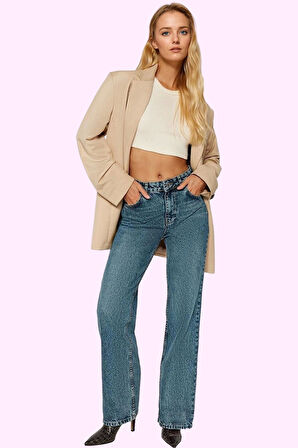 Kadın Pamuk Denim Pantolon Yüksek Bel Geniş Paça Günlük Kullanım İçin Mükemmel Özel Günler