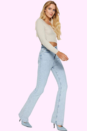 Kadın İspanyol Paça Jean Yüksek Belli Rahat Günlük Kullanım Hafta Sonu Yaz Aylarının Vazgeçilmezi