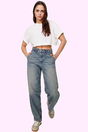 Kadın Regular Boy Denim Baggy Jean Pantolon Pamuk Casual Stil Günlük Kullanım Modern Tasarım