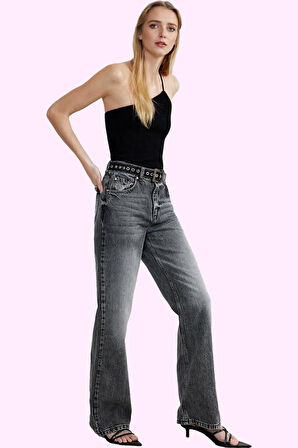 Kadın Care Koleksiyonu Denim Yüksek Bel Wide Leg Jean Pantolon Günlük Kullanım Özel Günler
