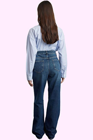 Kadın Denim Jean Pantolon Pamuk Yüksek Bel Geniş Paça Rigid Dokuma Günlük Ve Şık Hafta Sonu