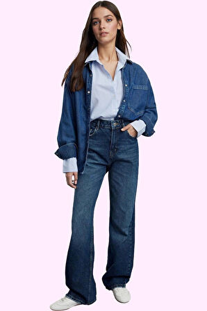 Kadın Denim Jean Pantolon Pamuk Yüksek Bel Geniş Paça Rigid Dokuma Günlük Ve Şık Hafta Sonu