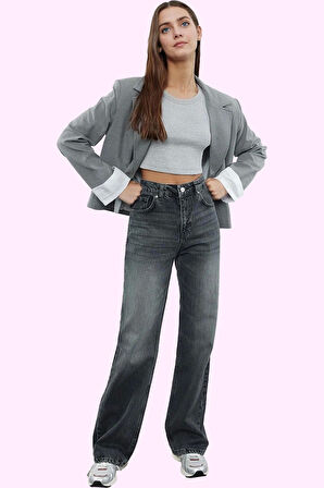 Kadın Denim Pantolon Yüksek Bel Geniş Paça Rigid Dokuma Pamuk Günlük Kullanım Modern Tasarım