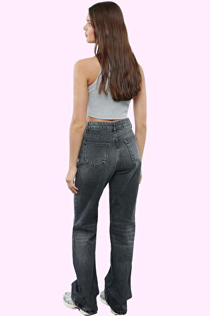 Kadın Denim Pantolon Yüksek Bel Geniş Paça Rigid Dokuma Pamuk Günlük Kullanım Modern Tasarım