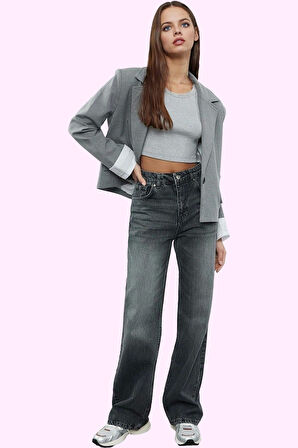 Kadın Denim Pantolon Yüksek Bel Geniş Paça Rigid Dokuma Pamuk Günlük Kullanım Modern Tasarım