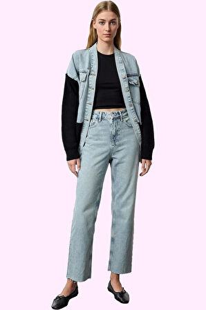 Kadın Denim Straight Jean Pantolon Yüksek Bel Boru Paça Pamuk Günlük Yaz Aylarının Vazgeçilmezi