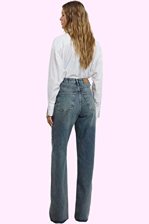 Kadın Geniş Paça Denim Pantolon Pamuk Rigid Dokuma Günlük Stil Hafta Sonu Kaliteli Malzeme