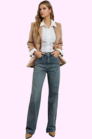 Kadın Geniş Paça Denim Pantolon Pamuk Rigid Dokuma Günlük Stil Hafta Sonu Kaliteli Malzeme