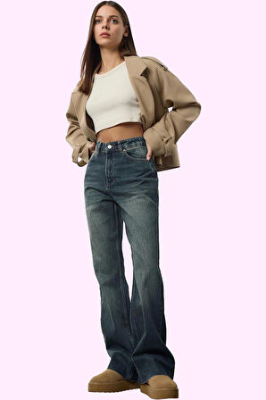 Kadın Günlük Kullanım İçin Pamuk Jean Pantolon Yüksek Bel Straight Kalıp Dayanıklı Malzeme