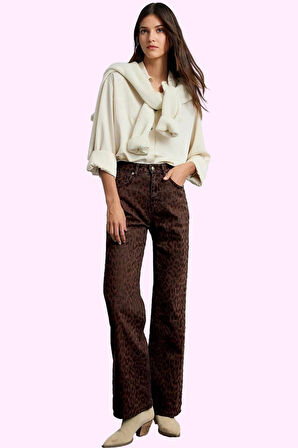 Kadın Leopar Desenli Pamuk Denim Pantolon Yüksek Bel Wide Leg Rigid Dokuma Günlük Kullanım