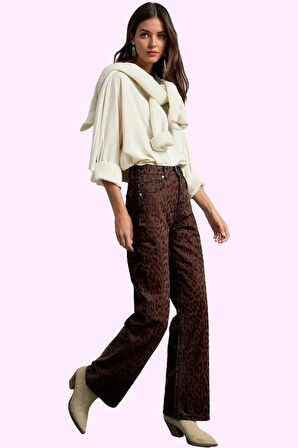 Kadın Leopar Desenli Pamuk Denim Pantolon Yüksek Bel Wide Leg Rigid Dokuma Günlük Kullanım